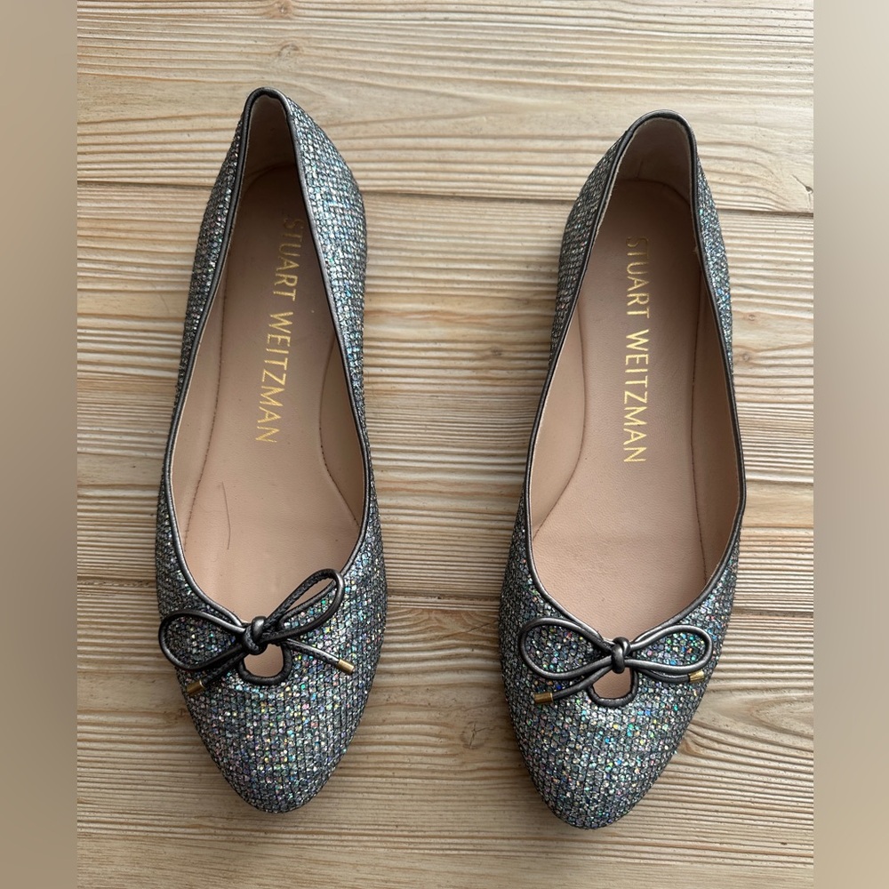 Stuart Weitzman Silver Glitter Ballet Flats Bow Detail Size 8.5